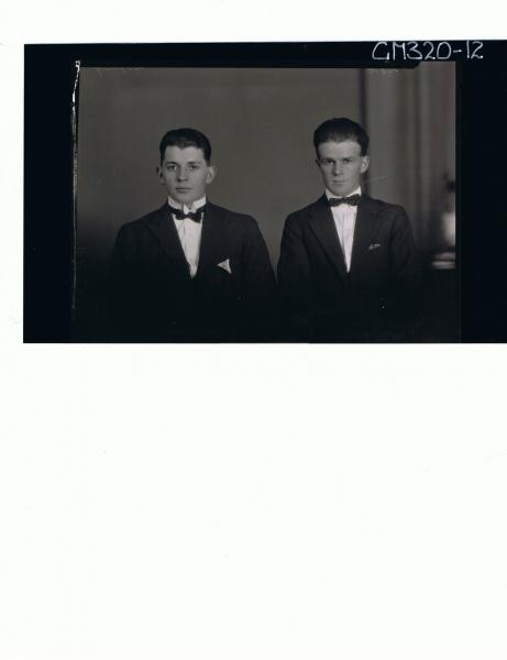 1/2 Portrait of two young men wearing three piece suits and bow ties 'Softley'