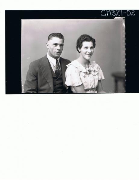 1/2 Portrait of man wearing three piece suit, woman wearing patterned day dress; 'Myers'