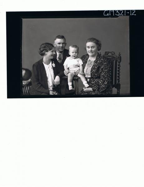 1/2 Group Portrait of woman seated wearing floral dress, woman seated, man sitting, baby seated; 'Mitchell'