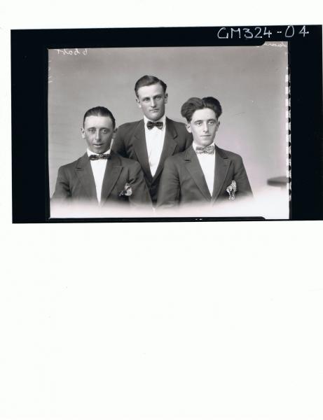 H/S Portrait of three men wearing jackets, shirt and bow ties; 'Luardi'