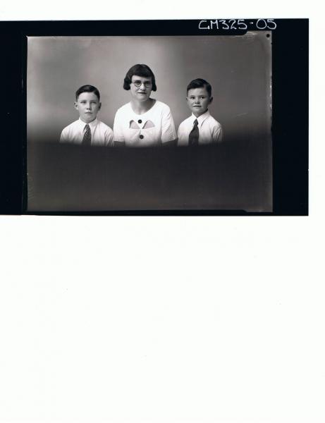 H/S Portrait of woman wearing day dress and spectacles, two boys wearing shirts & ties 'Lyall'