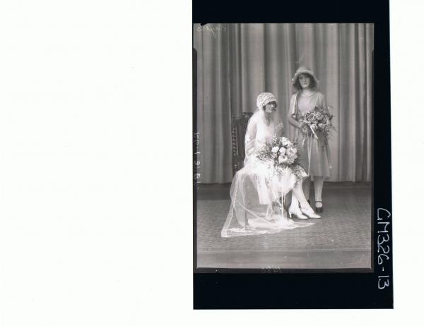 F/L Wedding Portrait,bride in wedding dress,long veil,holding bouquet,bridesmaid standing with hat and bouquet; 'Sayers'
