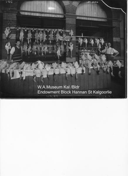 Kalgoorlie City Markets, Poultry Shop, Mr Palmer, showing plucked chickens, ducks, geese and turkeys, some rabbits hanging.