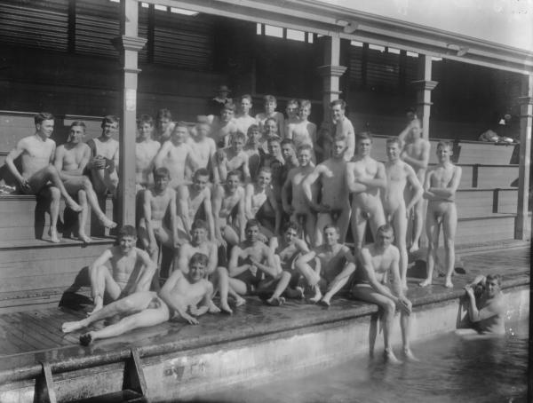 Group portrait of male bathers at Kalgoorlie's first baths, bathers are naked.