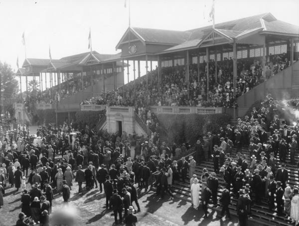 Crowd at Boulder racecourse grandstand. 1920s dress and hats. Close of Boulder Cup meeting  1925
