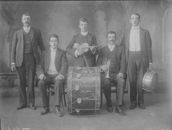 F/L  portrait Band members (5). Men with instuments. Mr J. O'Toole.