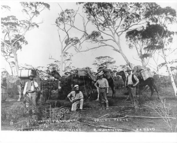 Four prospectors A G Black, C H Stiles, H W Johnston, B A Boyd standing in front of 4 loaded camels in bushland. Men are suitably and tidily dressed for a prospecting trip - waistcoats, hats, neck-scarves, boots. 'Happy  Thoughts Prospecting Party'