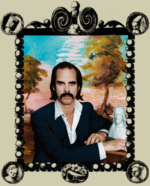 Nick Cave sitting in a suit in a hand painted frame  