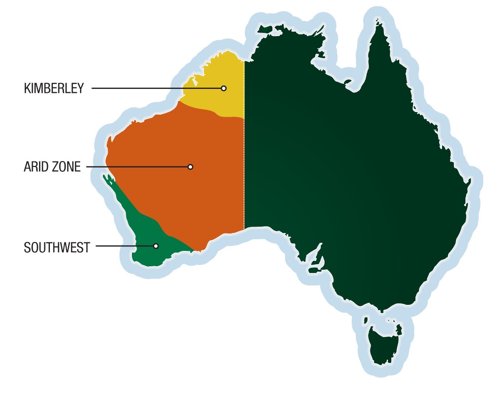 Map of Australia showing the Arid Zone, Kimberley and south west regions