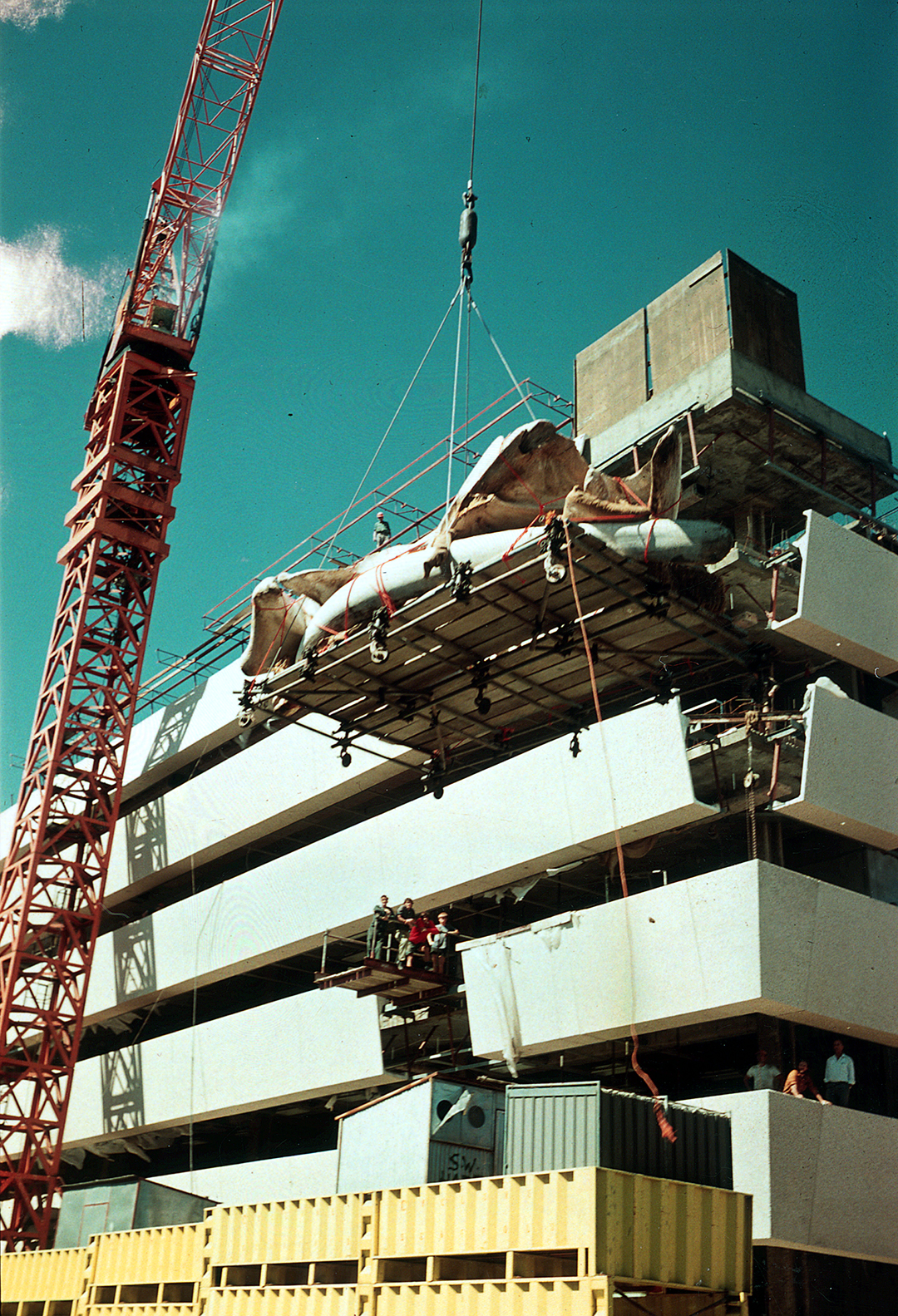 A large crant lifts a heavy load up toward a building under construction.