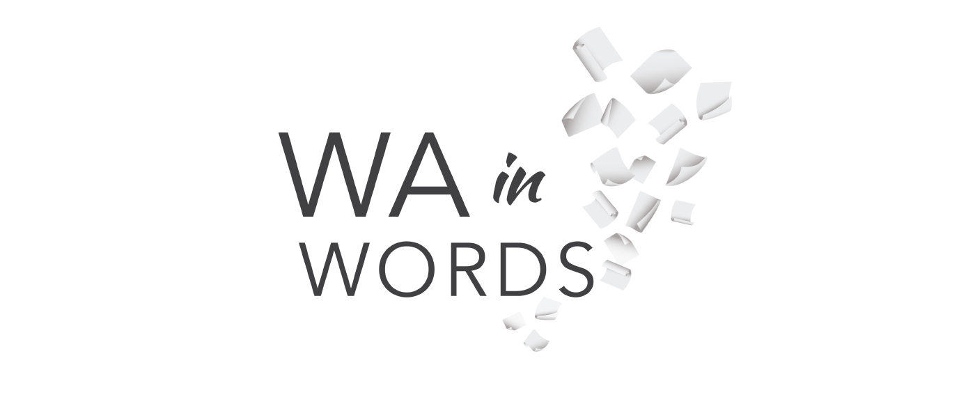 Western Australian in Words logo type and paper falling in the background.