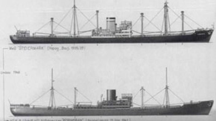 Diagram of the Steiermark and HSK Kormoran conversion depicting bow and stern