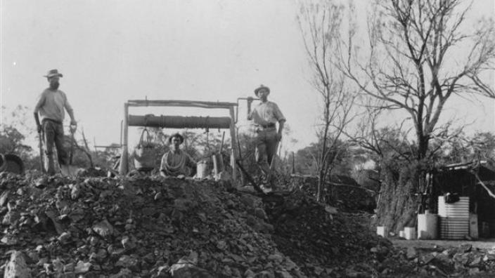 Winding device used for hauling ore up a shaft, made from bush timber and iron. 