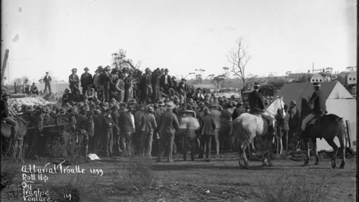 Mounted police observe meeting of 10,000 alluvial miners, 1899. 