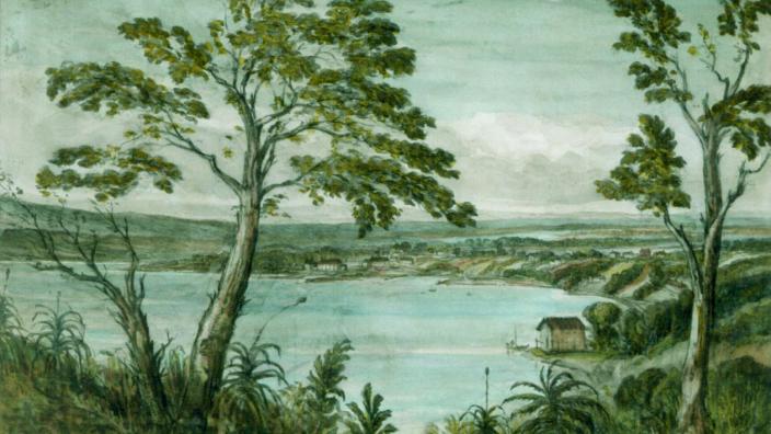 Watercolour sketch of blue lagoon surrounded by trees 