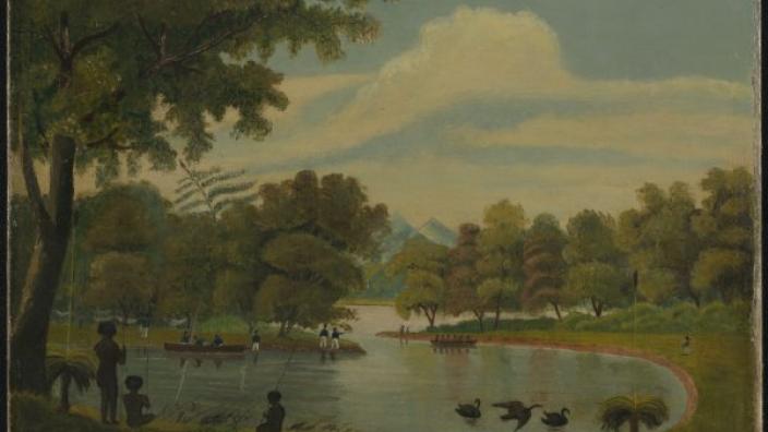 Colour painting of lake with trees and grassland 