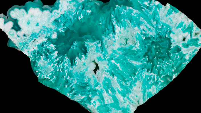 Polished slabs of chrysocolla and quartz from the DeGrussa copper mine, Western Australia.