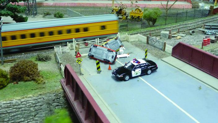 Model train set portraying a major crash