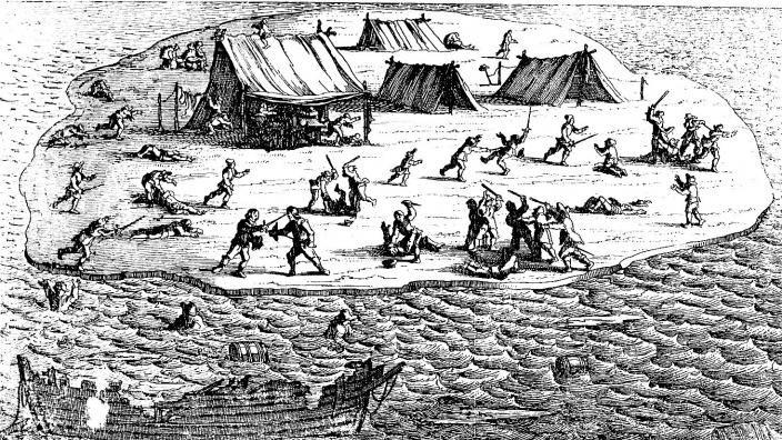 Wood Block Painting of the Batavia and camp