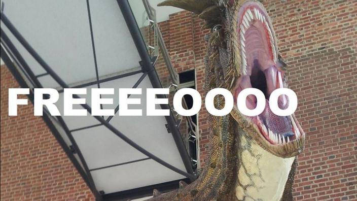 A mime graphic of a dinosaur appearing to scream "Freo!"