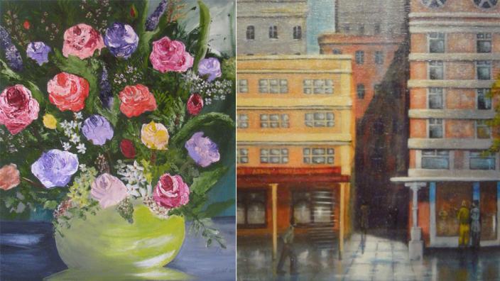 A painting of some flowers, and a painting of an office block