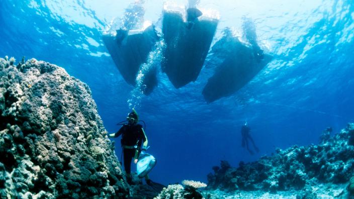 A series of divers jumping into the ocean