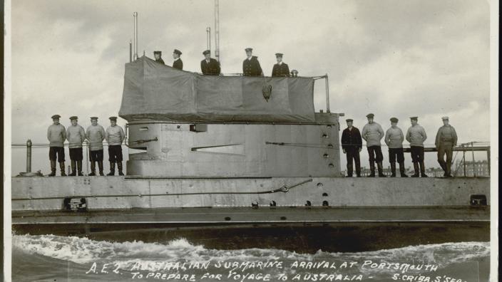 Australian submarine AE2 with crew on deck at Portsmouth, 1914. ANMM Collection gift from Mrs D Smyth.