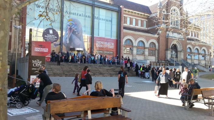 Crowds queue for tickets to Dinosaur Discovery when it was at the WA Museum