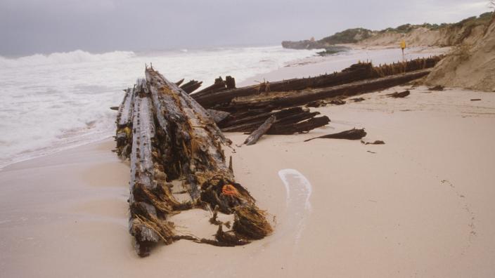 Wooden wreckage of the Alex T Brown on the beach