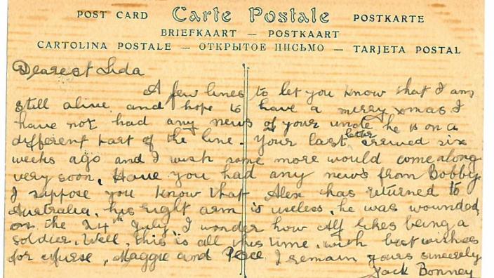 A hand written postcard from world war one