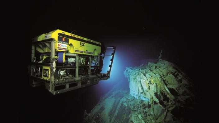 A remotely operated vehicle being used to take photo and video images of the wreck of HMAS Sydney II. Image courtesy Curtin University and the WA Museum