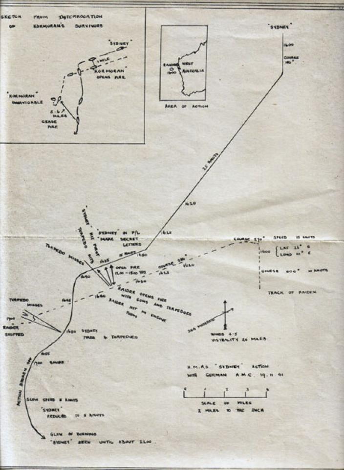 Sketch showing depiction of Kormoran survivors' movements