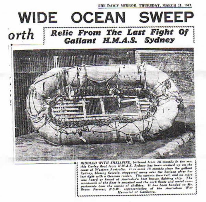 Newspaper clipping depicting a Carley Life float from the HMAS Sydney (II)