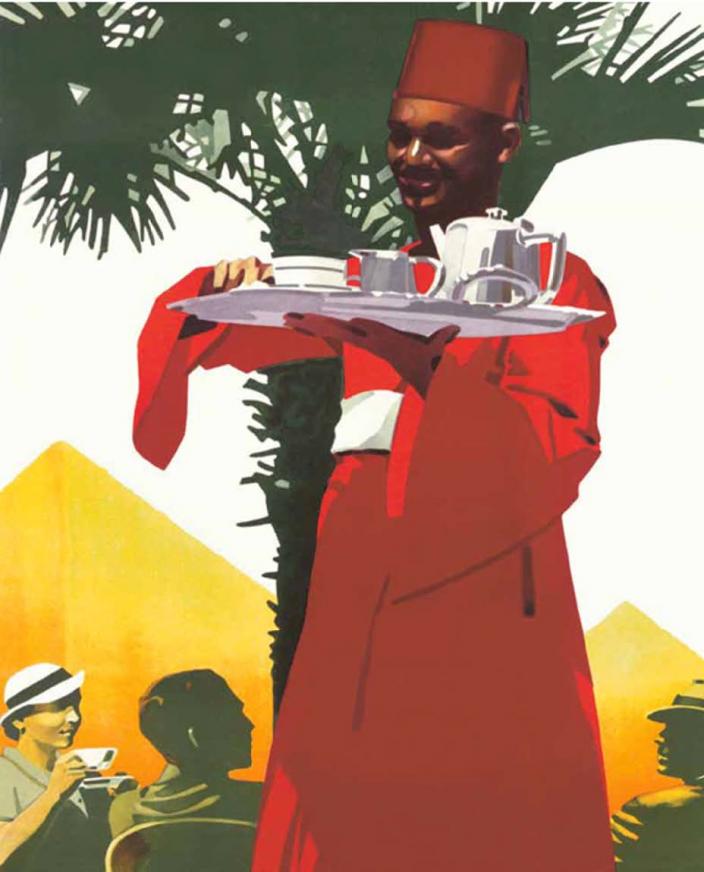 A stylised illustration of a waiter bringing team to a table