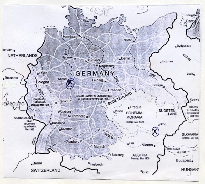 A map of Germany and Czechoslovakia showing Sudetenland, Illona's home town