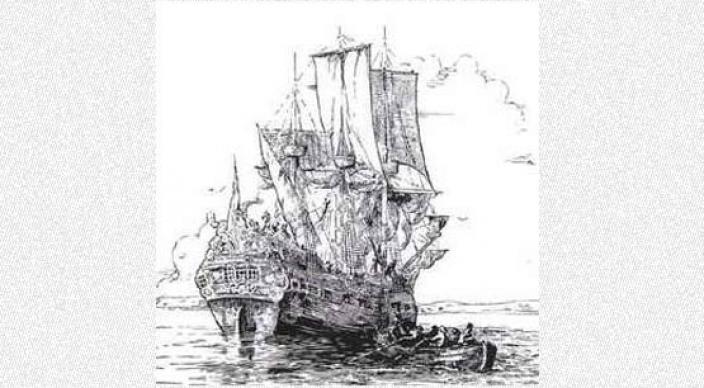 Hand drawn illustration of a large sail ship