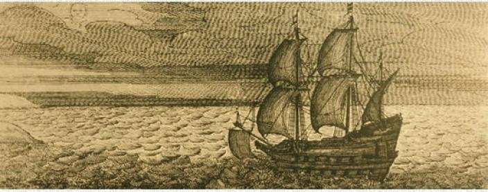 Engraving of the Batavia approaching remote islands