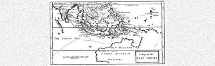 Hand drawn map illustrating Dampier's voyage through the Indian Ocean