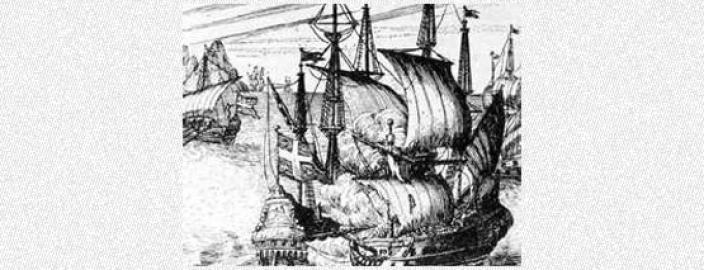 Woodcut drawing of pirates attacking a Spanish ship