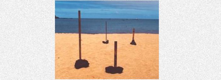 Markers on the beach showing an outline of an excavation area