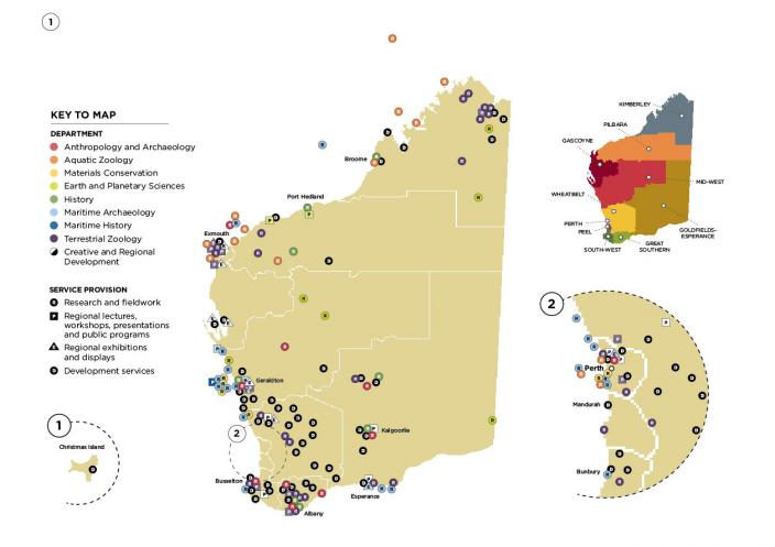 Map of WA showing where WA Museum have been working