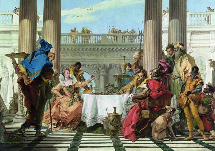 A painting depicting an ancient banquet scene with Cleopatra