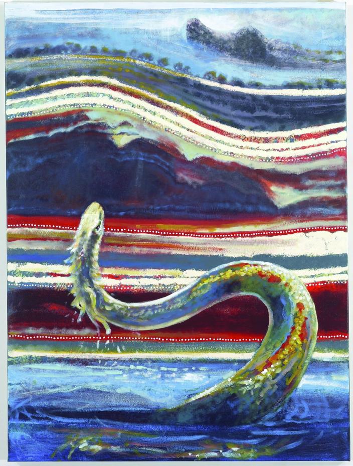 Interpretative painting of snake on coloured background 