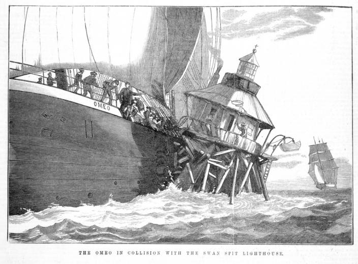 The Omeo in collision with the Swan Spit Lighthouse, 1881