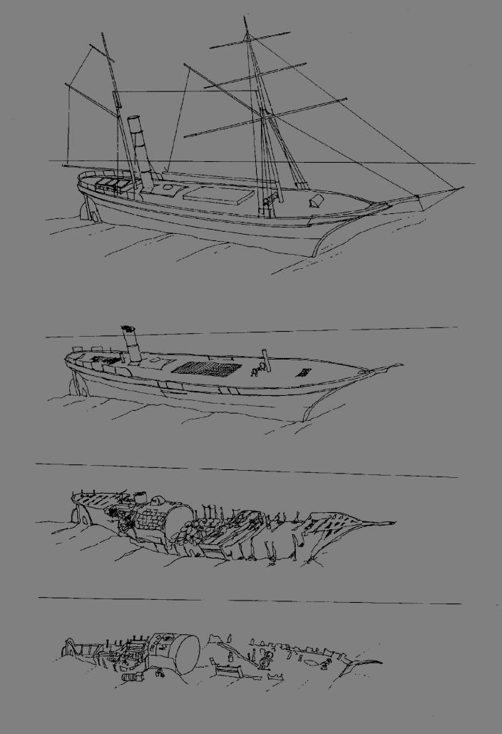 Artist Ian Warne’s impressions showing how the wreck had disintegrated over the 