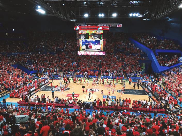 A photo taken from the spectator stand of a Perth Wildcats game.
