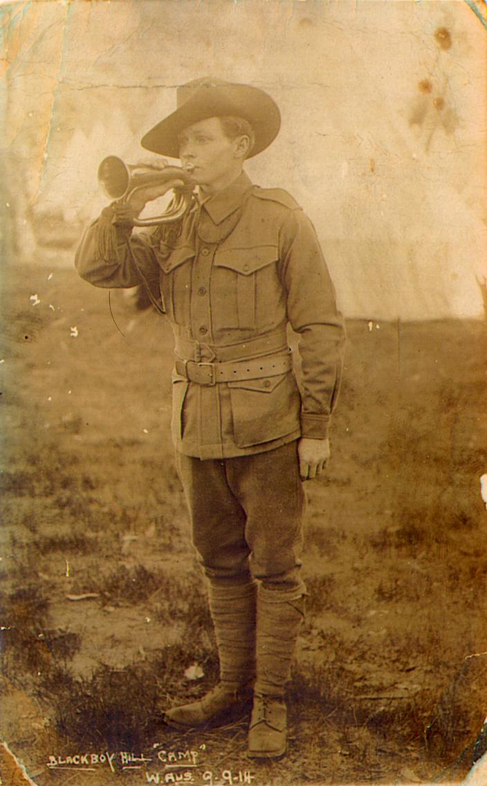 Roscoe playing his bugle at Blackboy Hill Camp. Dated 9-9-14