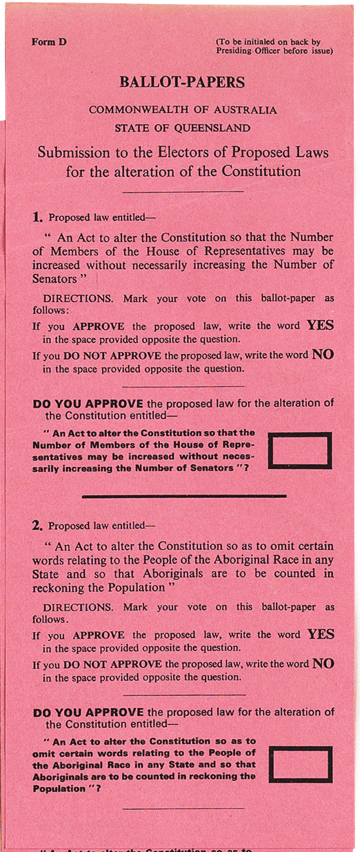 The ballot paper of the 1967 Referendum