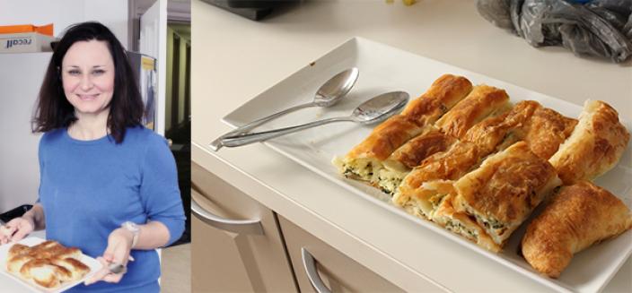 Woman holds a plate of food, image to left shows food on plate