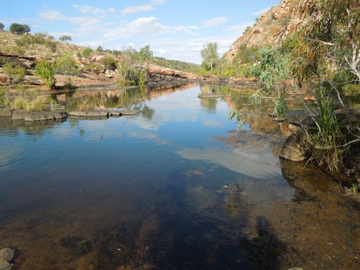 A gorge surrounded by rocky formations